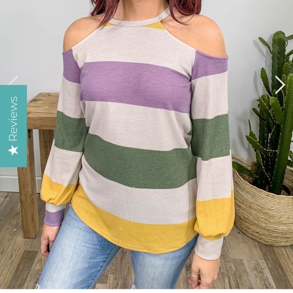 Filly Flair Multi Striped Cold Shoulder Purple and Yellow Blouse Size La…